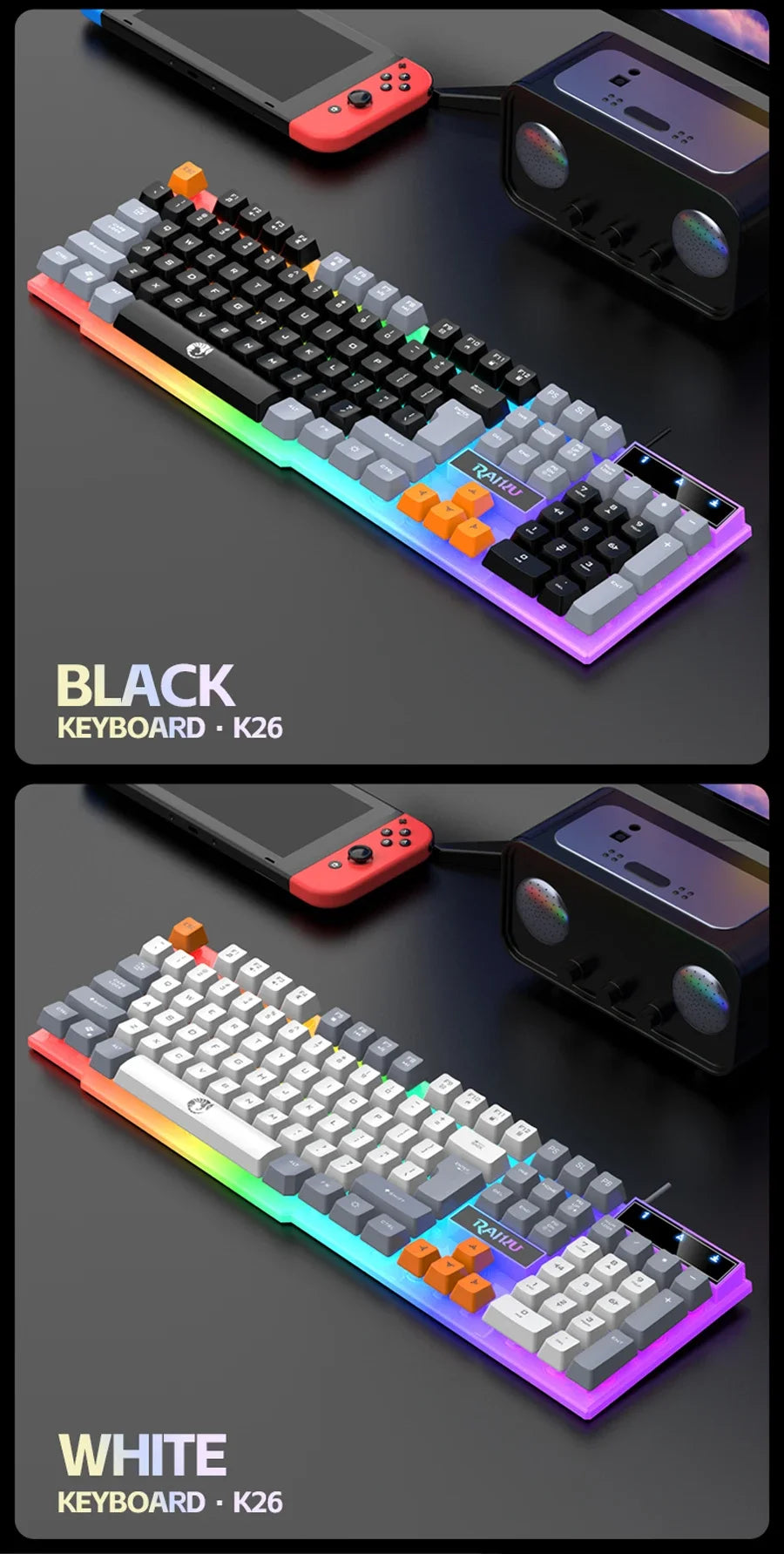 Einzelne Tastatur und Tastatur-Maus-Set RAIKU T26, dreifarbige Leuchttastatur, kabelgebundene mechanische Touch-Gaming-Maus-Tastatur-Kombination