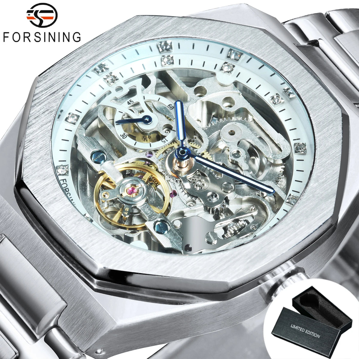 Forsining Tourbillon Skeleton Mechanical Watch for Men Luminous Hands Stainless Steel Strap Fashion Business Automatic Watches