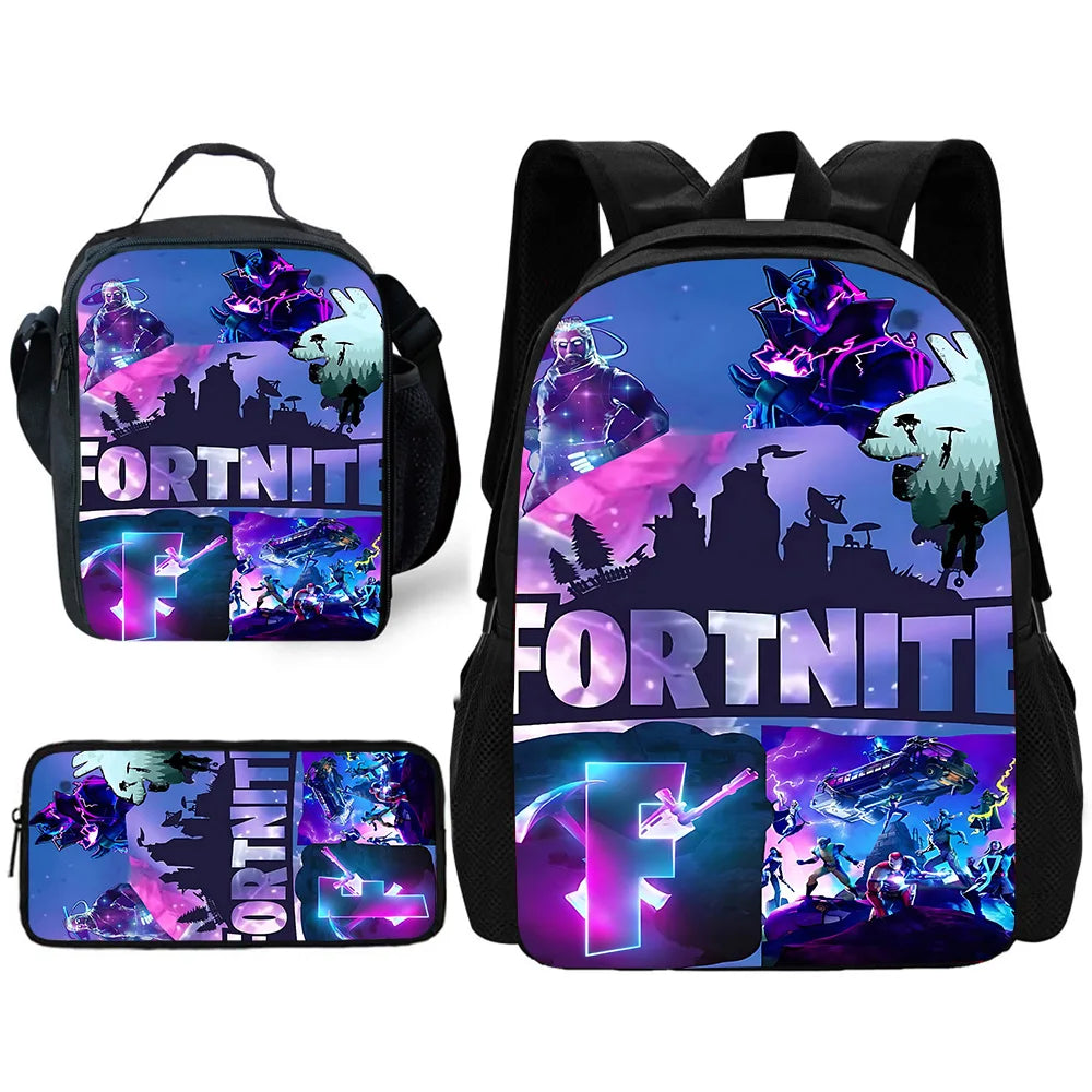 Dětský školní batoh s taškou na oběd, penálem, designem populární hry F-FortniteS – školní taška pro chlapce a dívky, skvělý dárek