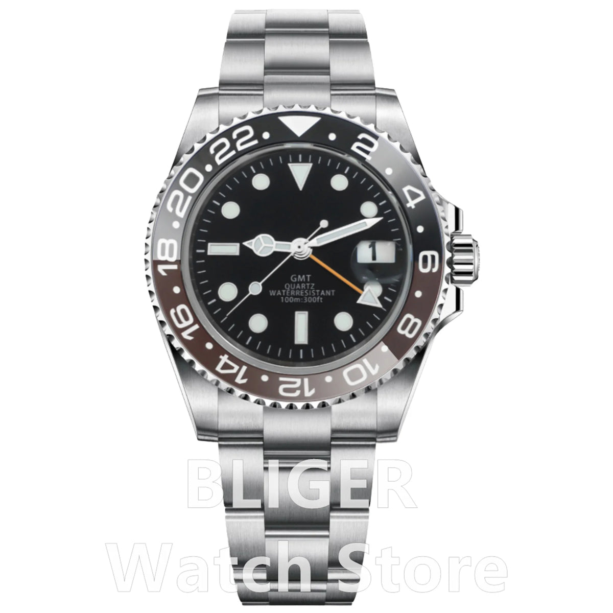 BLIGER 40mm 515 24H GMT Men's Watch Stainless Steel Clasp Luminous Quartz Movement Ceramic Bezel Sapphire Glass 10Bar Waterproof