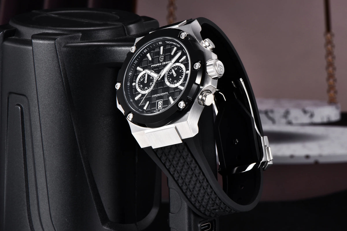 PAGANI DESIGN Men's Watches Luxury Rose Gold Sport Chronograph Japan VK64 Quartz Watch For Men Fluororubber Strap Wristwatch Men