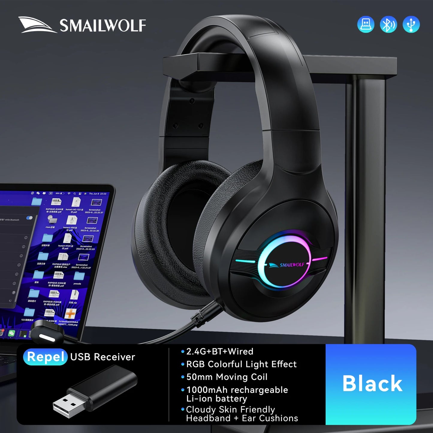 SMAILWOLF L80 Wireless Gaming Headset – Bluetooth 5.0 & 2.4GHz Triple-Mode Headphones with Microphone for PC, Laptop & Mobile Gaming
