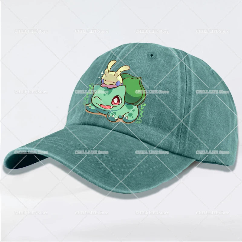 Casquette de baseball délavée pour adulte « Kawaii Pokémon » : Pikachu, Mewtwo, Bulbasaur. Casquette à visière. Motif mignon de dessin animé. Pour hommes et femmes. Protection solaire pour le voyage, la plage et le soleil.