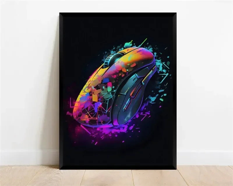 Pop-Neon-Poster mit Videospiel-Charakter, Gamepad, Kopfhörern, Fußball und Basketball – Leinwanddruck, Wandkunst-Dekor für das Gaming-Zimmer
