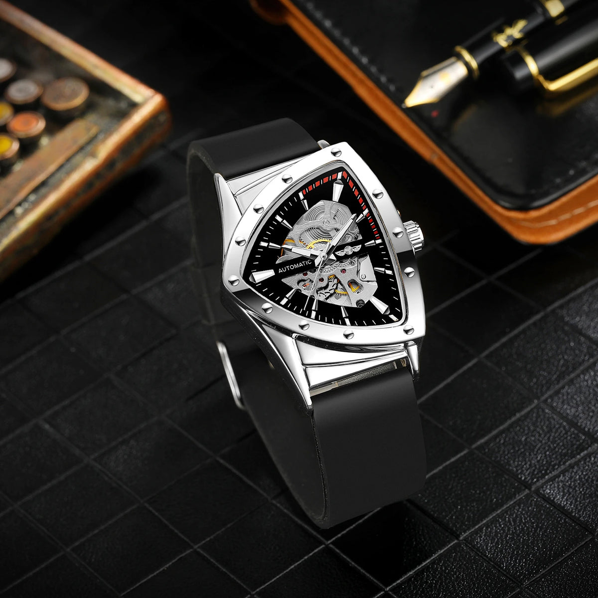 WINNER High Quality Watch for Men Triangle Steel Skeleton Mechanical Automatic Movement Clockwork Waterproof Rubber strap Wrist