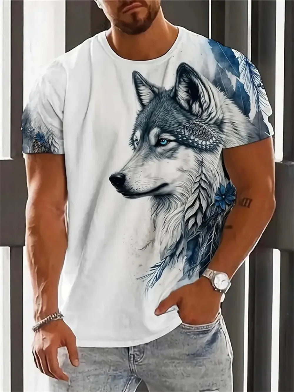 Fashionable Summer Men's Domineering Wolf Print Pattern Breathable Round Neck T-shirt Outdoor High Street Casual Top
