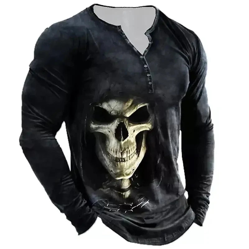 Autumn Skull Henley Shirt 3D Print Streetwear Men's Fashion Vintage Long Sleeve Button T Shirt Men's T Shirt Tops Clothing