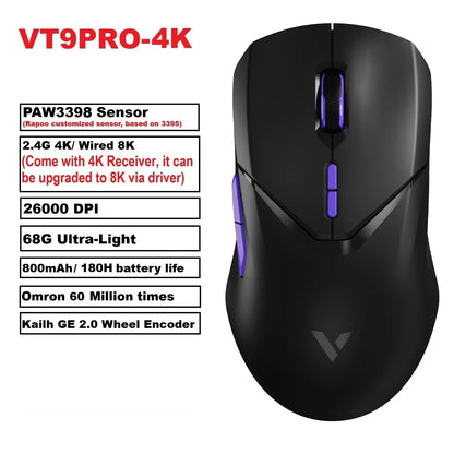 Rapoo VT9PRO PAW3398 безжична геймърска мишка 68g, кабелна, програмируема, ергономична, 26000DPI, презареждаема чрез Type C, аксесоар за PC геймъри