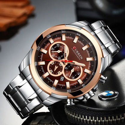 CURREN men’s chronograph watch, large 48 mm dial, stainless steel bracelet, three sub-dials, quartz sports wristwatch, luxurious style