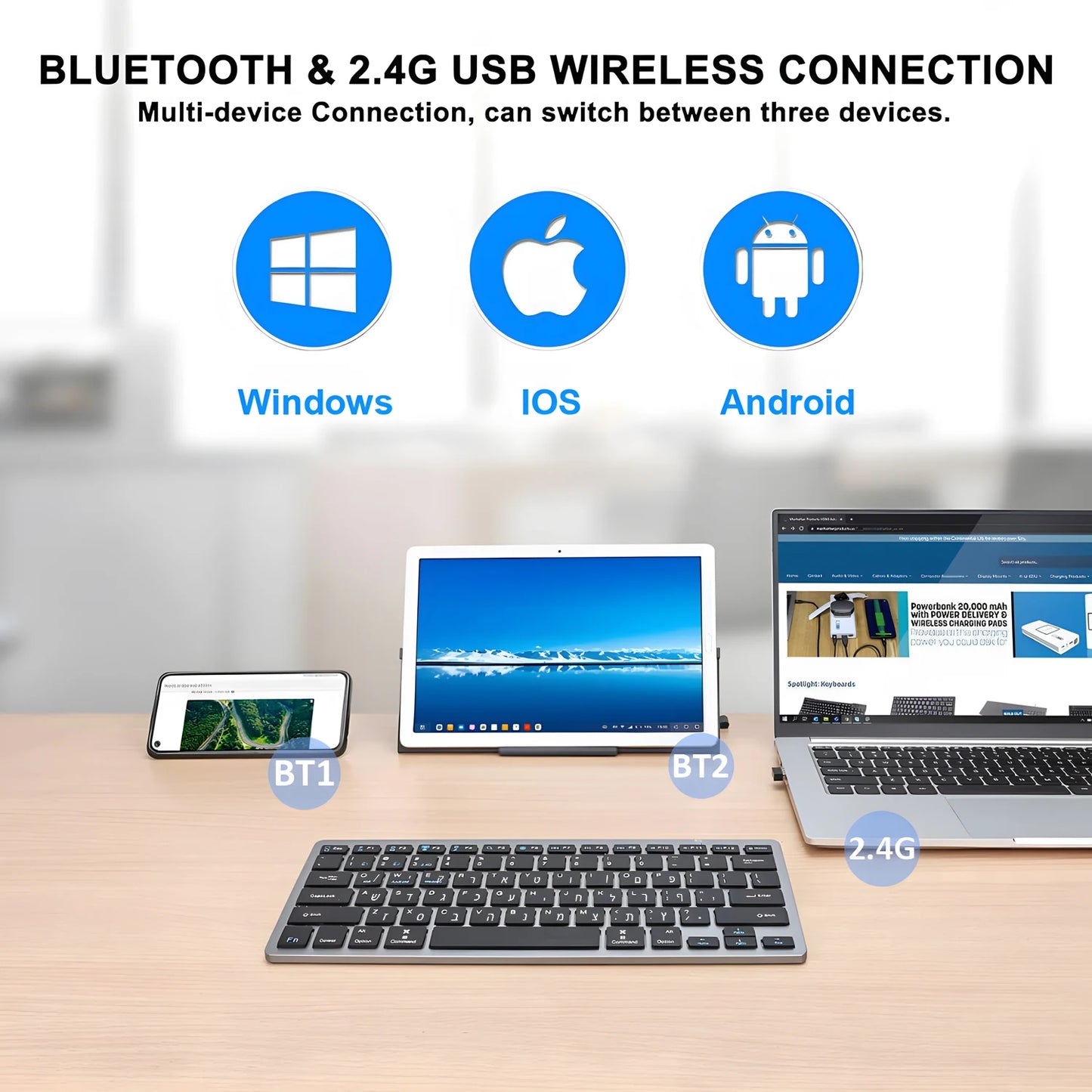 Hebräisch-englisches Layout – kabellose Bluetooth- & 2.4G-Dual-Mode-Tastatur, schlank, kompakt und ergonomisch für Windows, iOS und Android