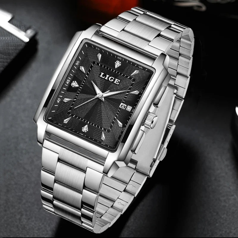 Reloj para hombre LIGE: estilo militar y moderno, caja cuadrada, cronógrafo de cuarzo, resistente al agua, marca de lujo