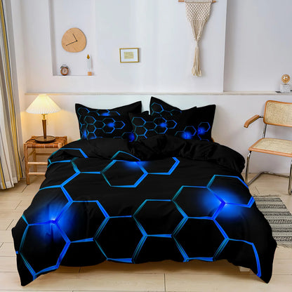 Conjunto de Capa de Edredão 3D Geométrica com Padrão Hexagonal em Favo de Mel, 3 Peças, Roupa de Cama em Poliéster Colorido com Impressão Digital e Fecho de Correr