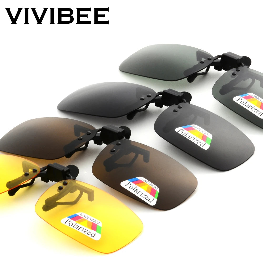 VIVIBEE Men Polarized Flip Up Clip on Sunglasses Black Driving UV400 Women Square S M L Goggles Night Vision Fishing Glasses
