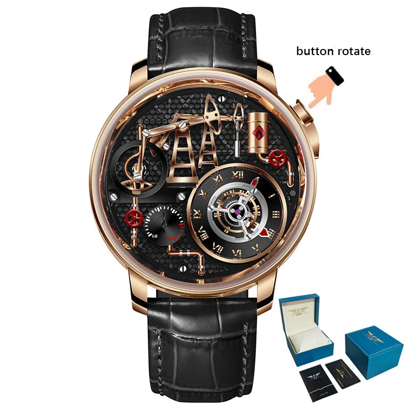 Reloj de cuarzo PINDU NEW TOP con bomba de aceite de botón para hombre de negocios, 45.5MM, cristal de zafiro, resistente al agua, correa de cuero para hombre