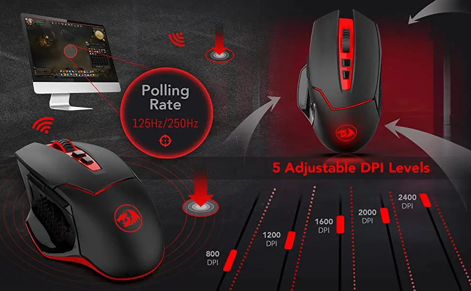 Rato Gaming Sem Fios Redragon M690-1 2.4Ghz com Mudança de DPI, 2 Botões Laterais, 2400 DPI, Design Ergonómico, 8 Botões - Preto