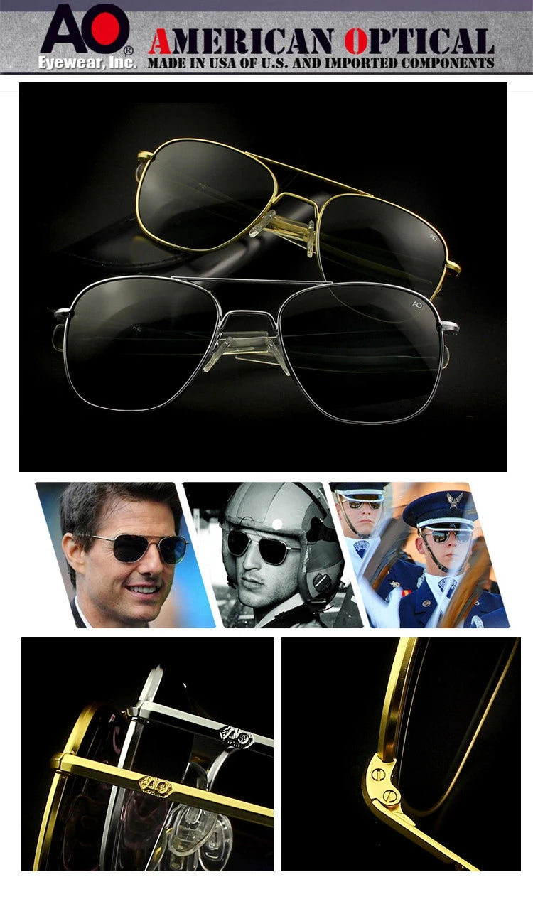 Occhiali da sole Pilot AO da uomo, marca di alta qualità, design AGX, lenti in vetro temperato, occhiali da sole da uomo