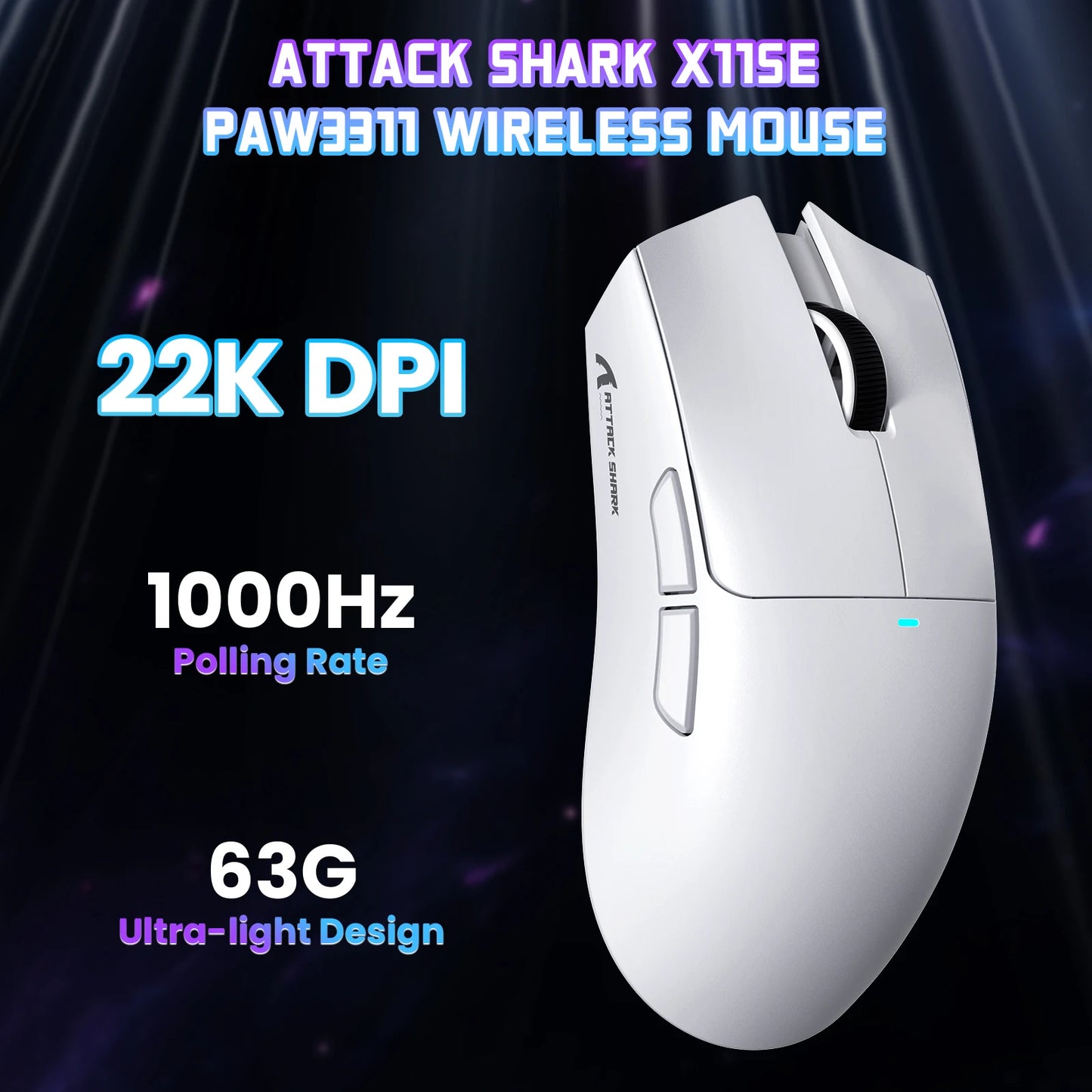 Mouse gaming wireless ATTACK SHARK X11SE, tri-mode, superleggero 63g con sensore PAW3311, 22000 DPI, batteria 300mAh, doppio driver