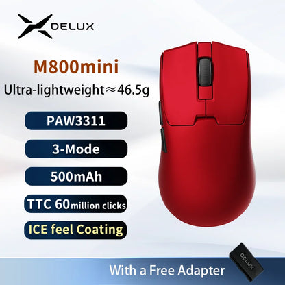 Безжична геймърска мишка Delux M800mini, ултралека 46g, PAW3395/PAW3311, 1KHz честота на опресняване, за PC геймъри с малка до средна ръка