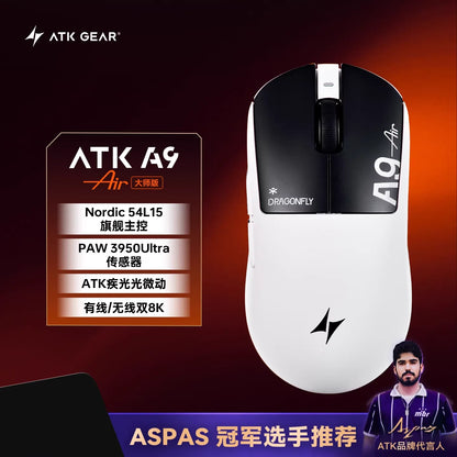 ATK A9 bezdrôtová herná myš s technológiou NearLink, ergonomická PAW3395, trojrežimová Bluetooth myš s nízkou latenciou pre e-šport a PC