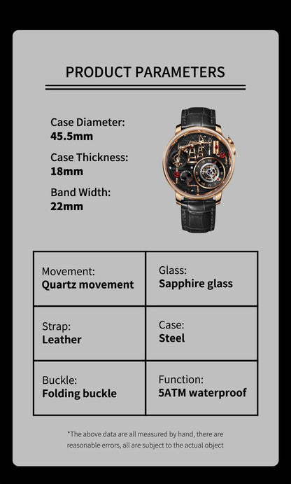 Reloj de cuarzo PINDU NEW TOP con bomba de aceite de botón para hombre de negocios, 45.5MM, cristal de zafiro, resistente al agua, correa de cuero para hombre