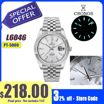 Cronos DateJ Luxury Men's Watch, Stainless Steel 5 Links Bracelet, PT5000 Miyota 9015, 100m Water Resistant, Sapphire