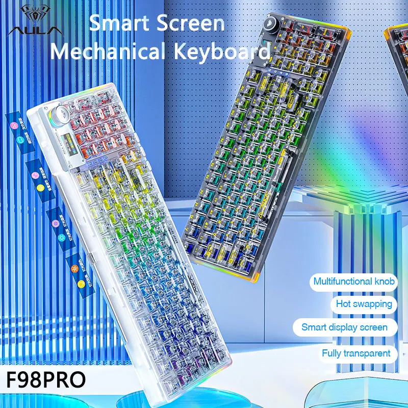AULA F98PRO Wireless Mechanical Keyboard Transparent Keycaps RGB Backlit Custom 2.4G Hot Swappable Gaming Keyboard With Screem
