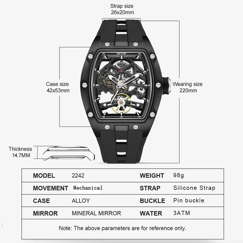 MEGIR MG-2242G Men’s Automatic Mechanical Watch  Skeleton Barrel Case, Luminous Hands & Silicone Strap