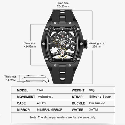 MEGIR MG-2242G Men’s Automatic Mechanical Watch  Skeleton Barrel Case, Luminous Hands & Silicone Strap