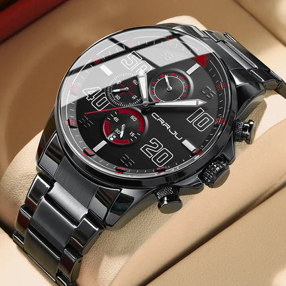 Montre pour homme CRRJU – Chronographe de luxe, grand cadran, acier inoxydable, étanche, avec affichage de la date
