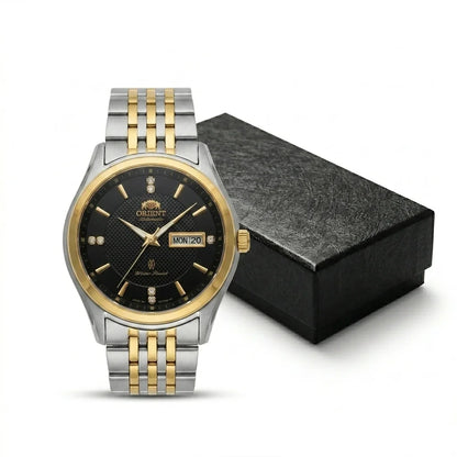 Mekanisk automatisk herrklocka från Orient, med dubbel kalender (datum och veckodag), kristallindex och armband i rostfritt stål – Armbandsur i affärsstil