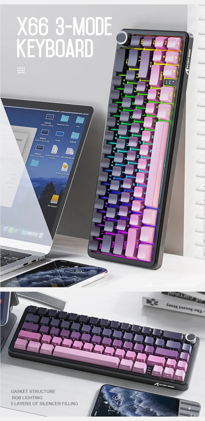 Attack Shark X66 Kabellose mechanische Tastatur 65% Kompaktlayout RGB-Hintergrundbeleuchtung Gasket Hot Swap Bluetooth USB-C PBT großer Akku