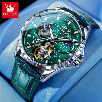 OLEVS Men’s Flywheel Skeleton Automatic Watch Starry Sky Dial, Luminous Mechanical Movement & Waterproof Business Wristwatch