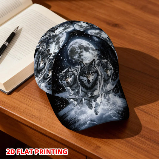 Classic Baseball Cap Featuring a 2D Flat Print of Wolves Under a Full Moon a Lightweight Adjustable Duckbill Hat