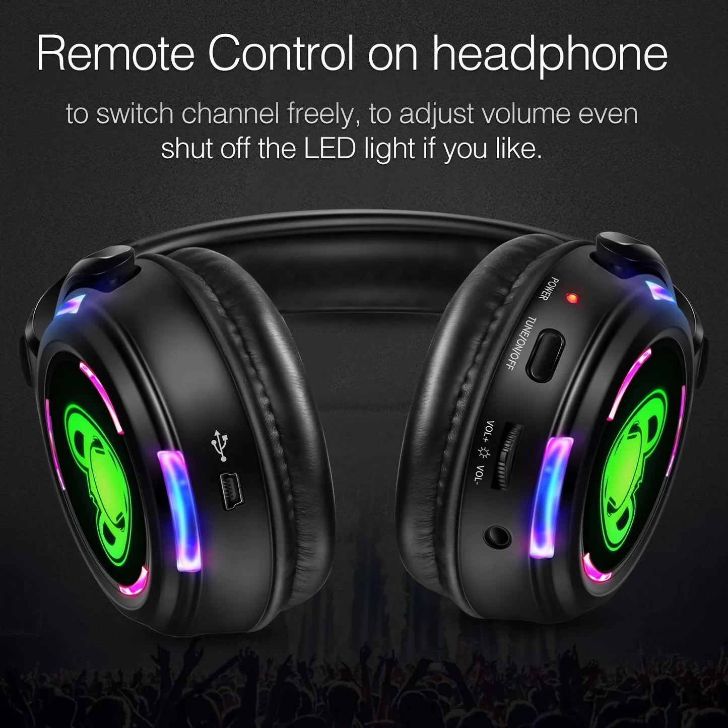 Auriculares inalámbricos Silent Disco RF LED para DJ y fiestas 863–865MHz/915MHz con iluminación LED de 3 canales y batería de 10H