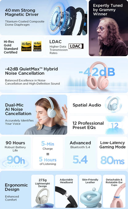 1MORE HQ31 Bluetooth Wireless Headphones with Active Noise Cancellation, Hi-Res Audio, LDAC, 42dB QuietMax ANC, 90H Battery Life Headset
