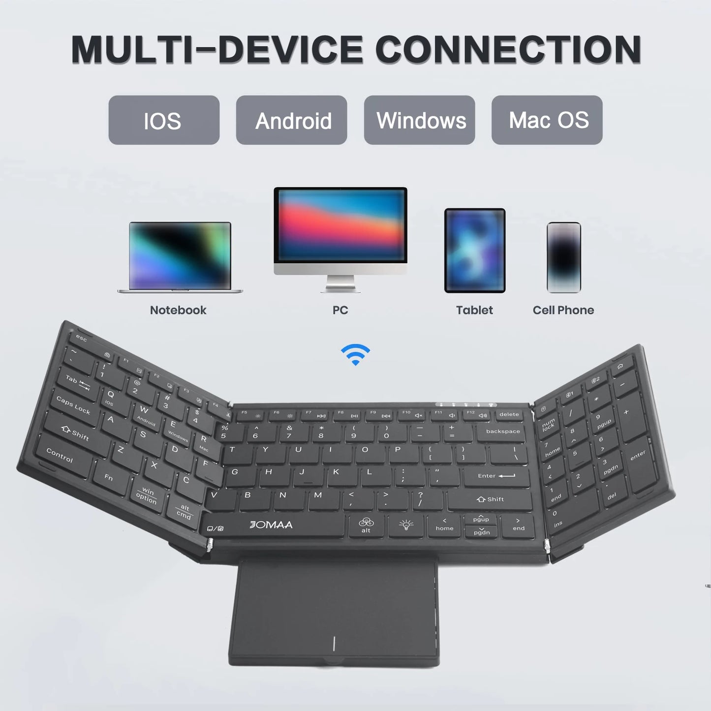Jomaa hintergrundbeleuchtete klappbare Full-Size-Tastatur Bluetooth+USB, kabellose Tastatur mit Touchpad und Ziffernblock für Laptop Windows