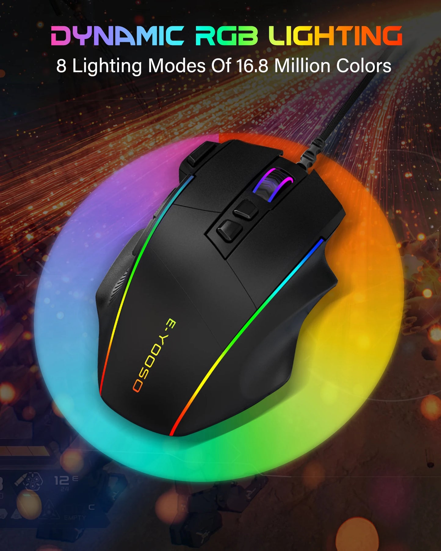 Mouse da gaming cablato E-YOOSO X49, 12400 DPI regolabili, retroilluminazione RGB, 8 pulsanti programmabili, mouse ergonomico per gamer per PC e laptop