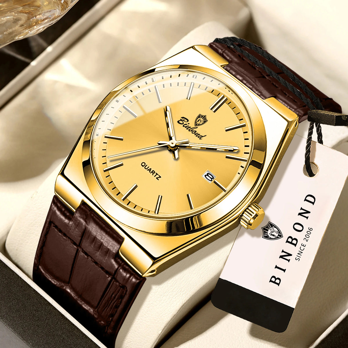 Orologio da polso al quarzo di lusso BINBOND da uomo – Impermeabile, luminescente, con data automatica – Stile professionale, sportivo, alla moda e casual – Cinturino in pelle