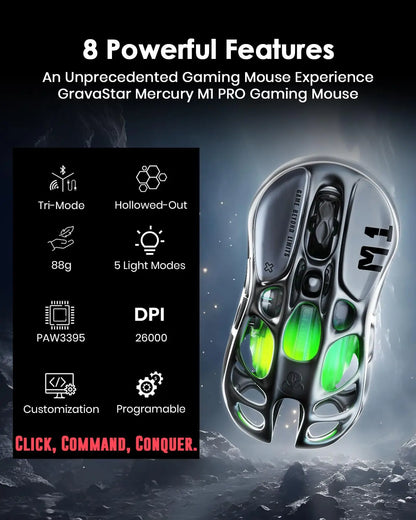 GravaStar Mercury M1 Pro Wireless Gaming Mouse  26000DPI Wired / 2.4GHz / Bluetooth GLOWSYNC RGB
