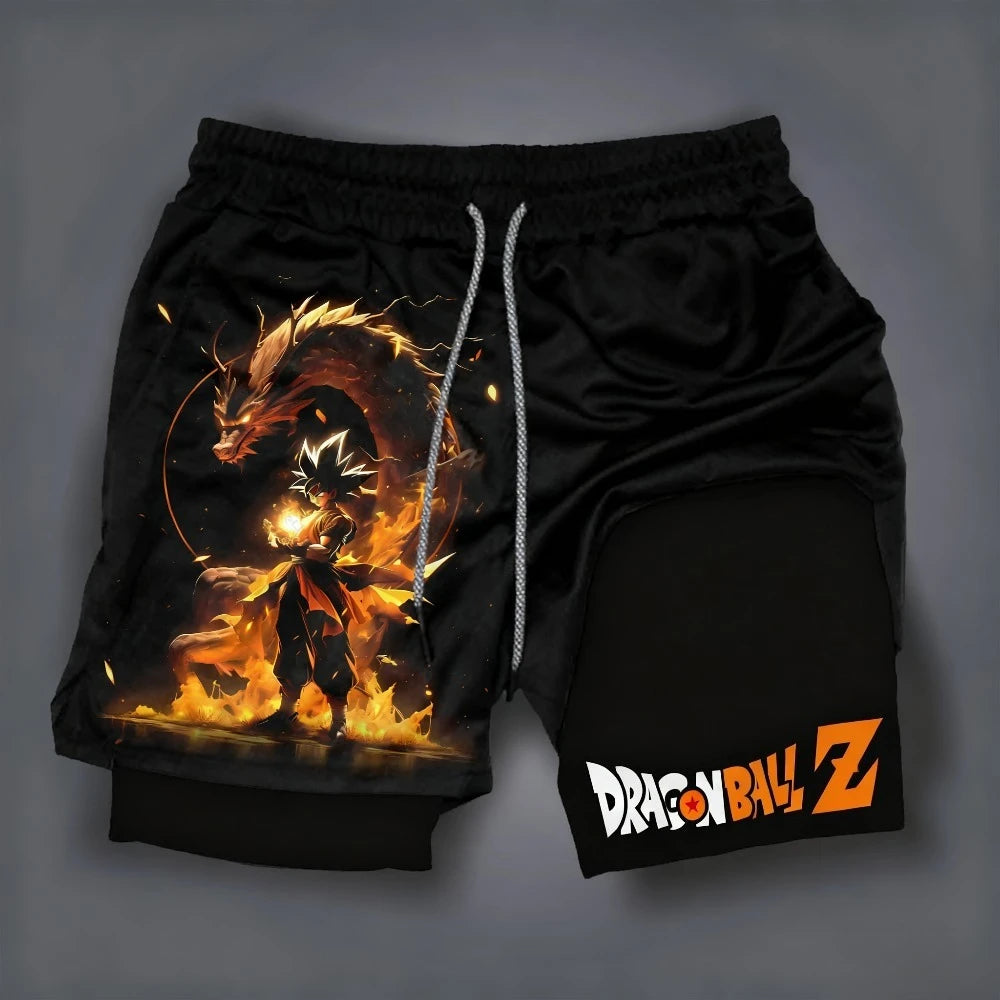 2026 Summer Dragon Ball  Goku Wolf Samurai 2-in-1 Gym Shorts 100% Cotton Oversized Fitness Retro Streetwear Unisex  Adults Kids