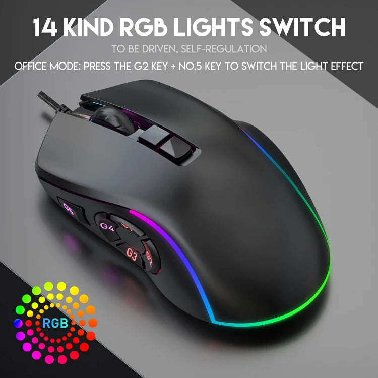 Wired Gaming Office Mouse 7200DPI RGB Backlit Mouse 6 Adjustable DPI Levels/10 Programmable Buttons/Back to Desktop Button Mouse