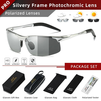 CLLOIO Hliníkové bezrámové fotochromatické sluneční brýle pro muže, polarizované, řidičské, chameleonové, protisvětelné, cestovní, rybářské, UV400