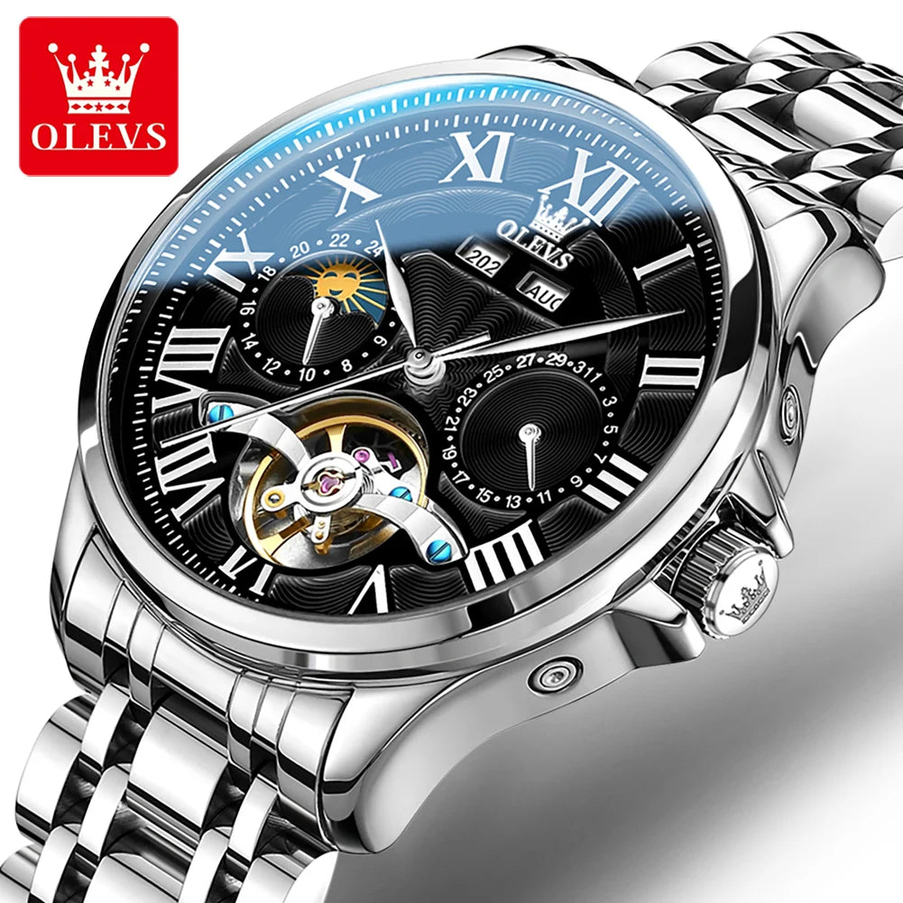 OLEVS 7013 Men’s Automatic Mechanical Watch Moon Phase, Roman Numeral Dial, Skeleton Flywheel, Luminous & 30M Waterproof