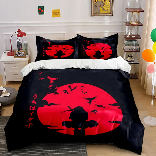 Japanese Ninja silhouette under the red moon Pattern Duvet Cover Set Digital Print Colorful Polyester Bedding with Zipper Closur