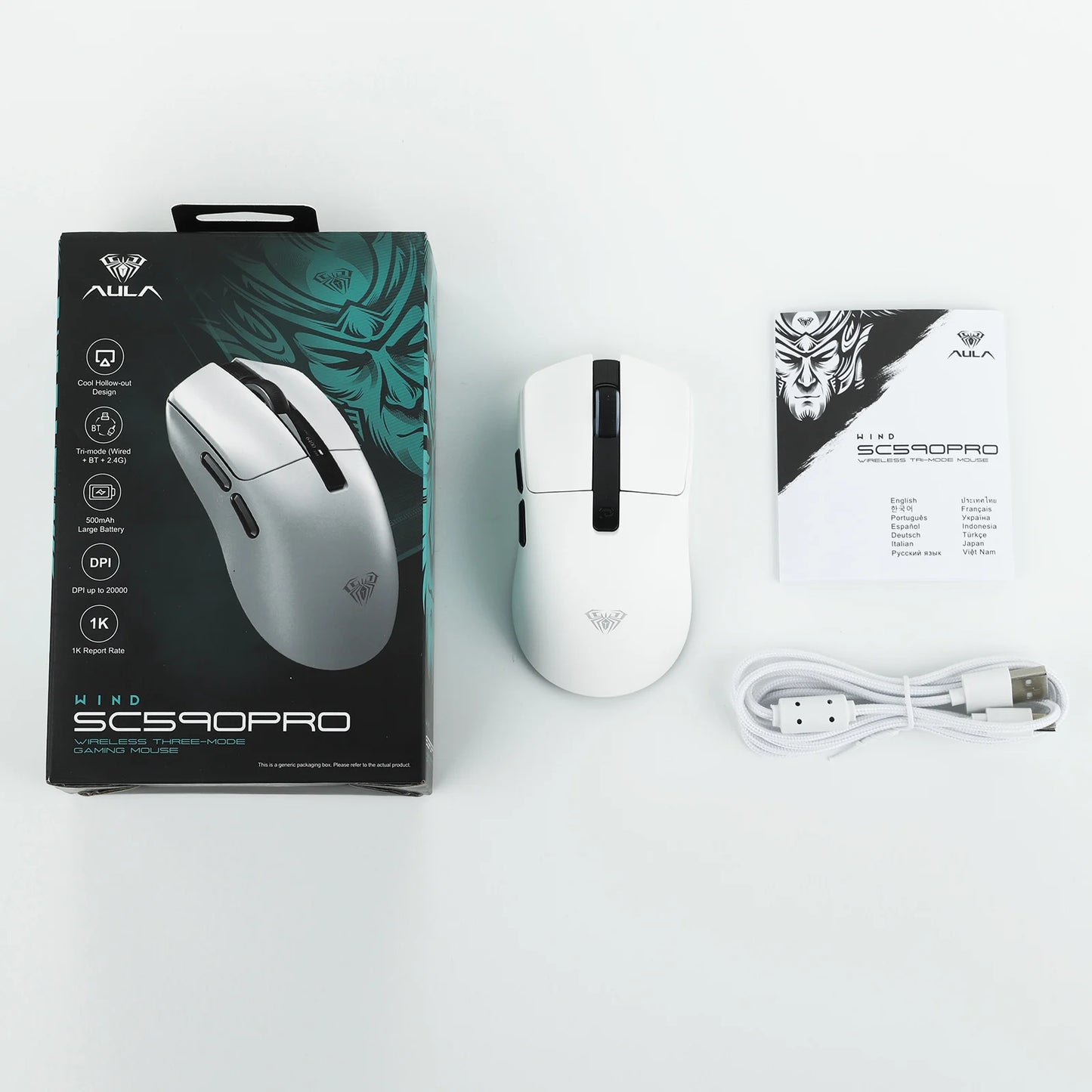 AULA SC590 PRO kablet/Bluetooth/2.4GHz trådløs gamingmus 20000 DPI og PAW3311-sensor med 1000 polling rate til Win/Mac/gaming