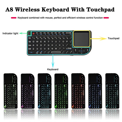 Teclado sem Fios A8 Mini 2.4G com Retroiluminação em 7 Cores, 3 em 1, Teclado Portátil com Touchpad e Air Mouse para Android TV Box, PC e Tablet