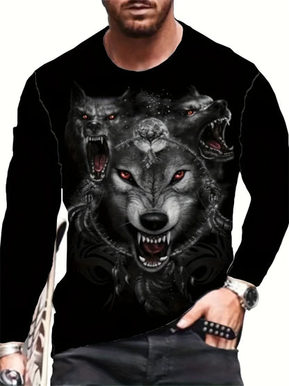 2024 New Wolf Print Men's Long Sleeve T-shirt Spring And Autumn Men's Daily Casual Shirt Street Fashion Men's Long Sleeve T-shir