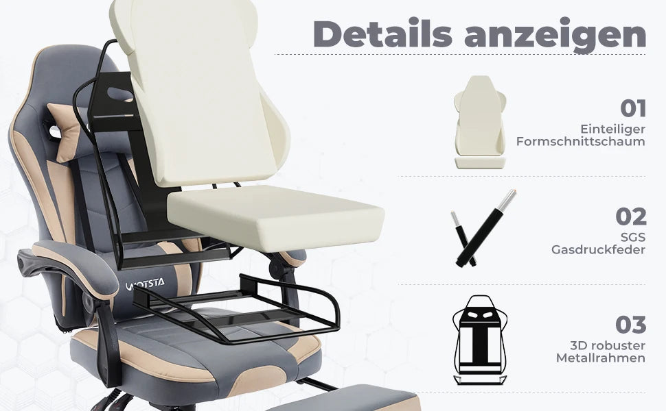 Cadeira Gaming WOTSTA com Apoio para Pés, Cadeira Gamer Ergonómica com Almofada Lombar, Apoio de Cabeça e Altura Ajustável para Computador