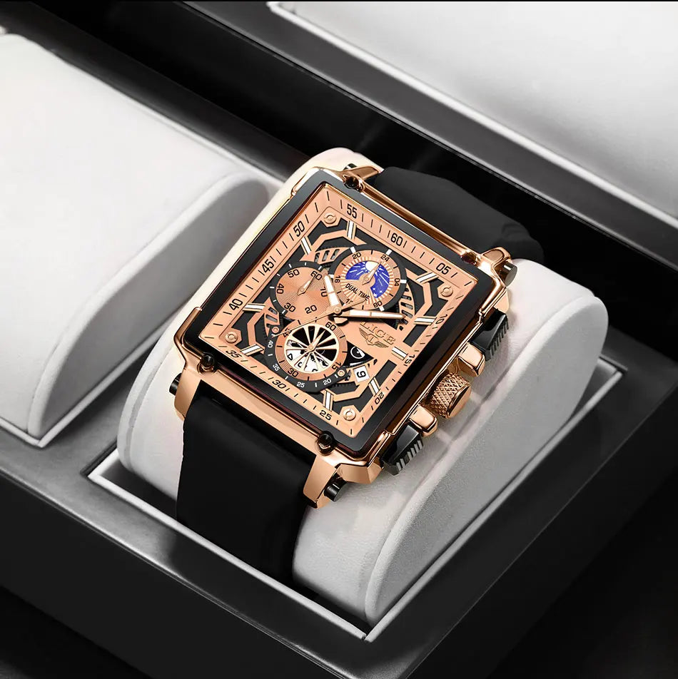 New LIGE Mens Watches Top Brand Luxury Hollow Square Sport Watch For Men Fashion Silicone Strap Waterproof Quartz WristWatch+Box