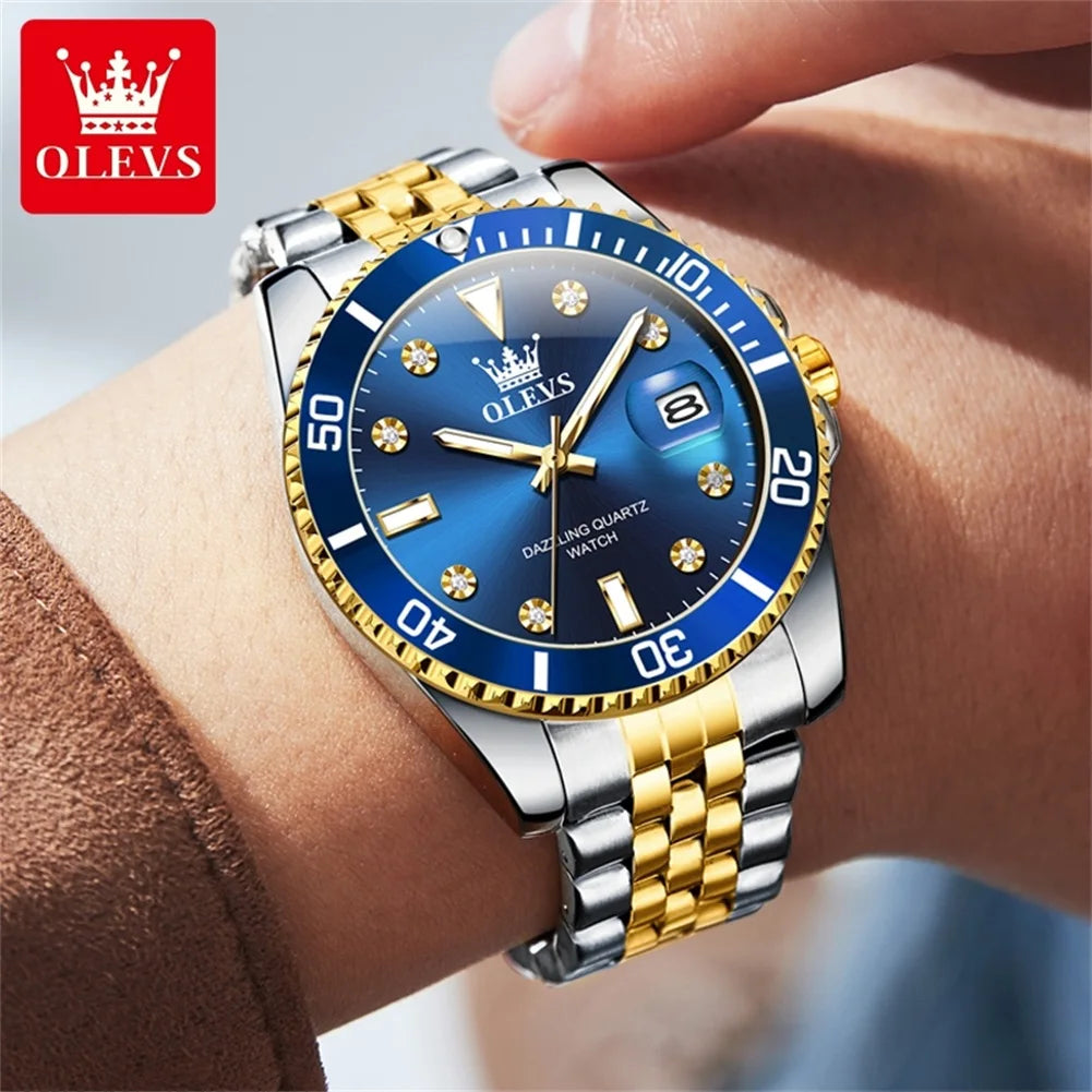 OLEVS herenhorloge – Luxe horloge, professionele stijl, waterdicht, met datumweergave, lichtgevende wijzers, roestvrijstalen kast en blauwe wijzerplaat – Kwartshorloge